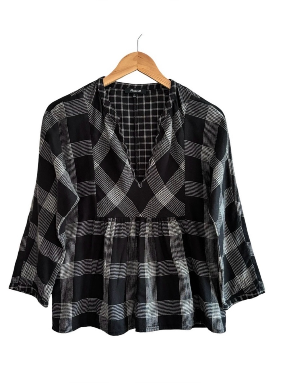 Madewell Boheme Popover Hayden Plaid Black
 & Gray Peasant Top S - Picture 2 of 6